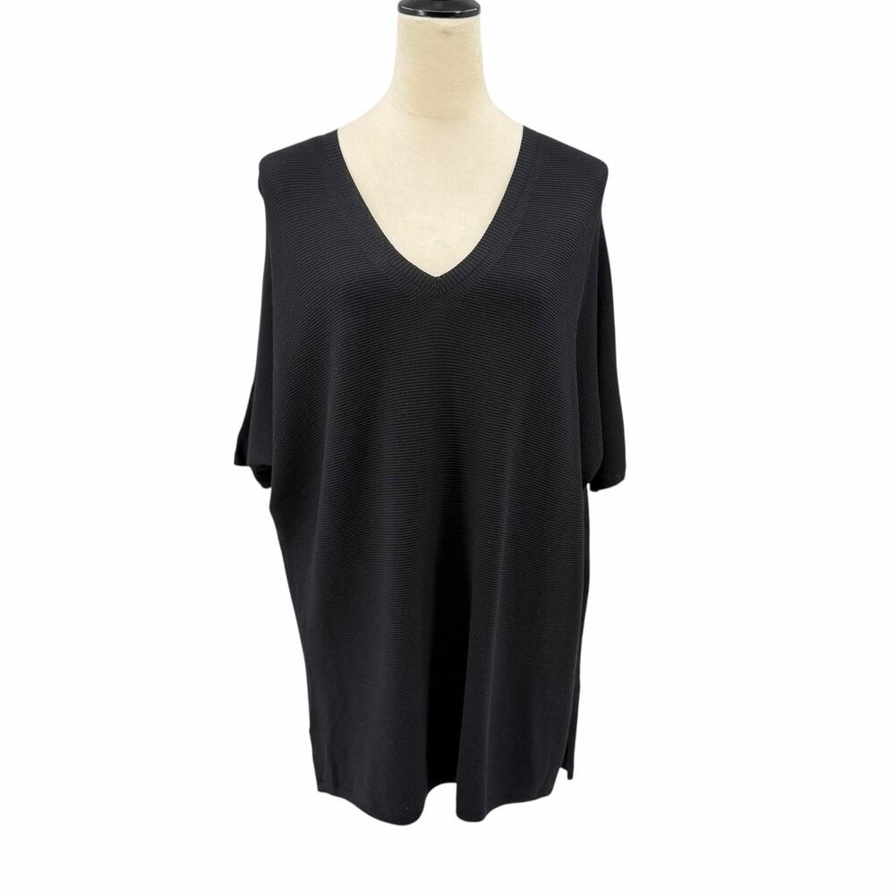 Lafayette 148 New York Black Textured Ribbed Short Dolman Sleeve V-neck Sweater